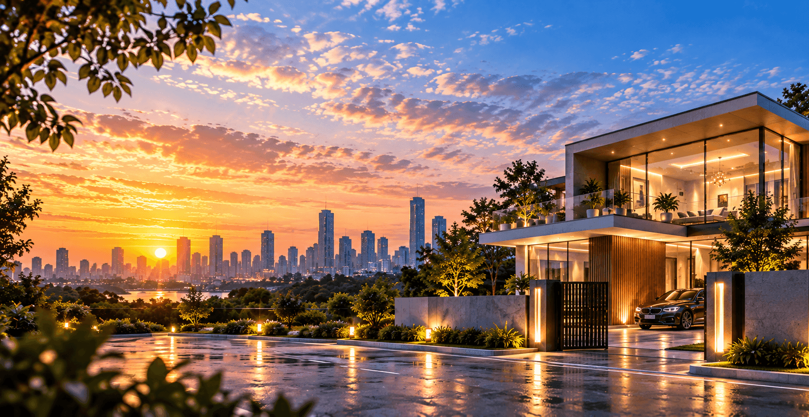 Modern smart home at sunset with integrated security and automation lighting, city skyline in the background