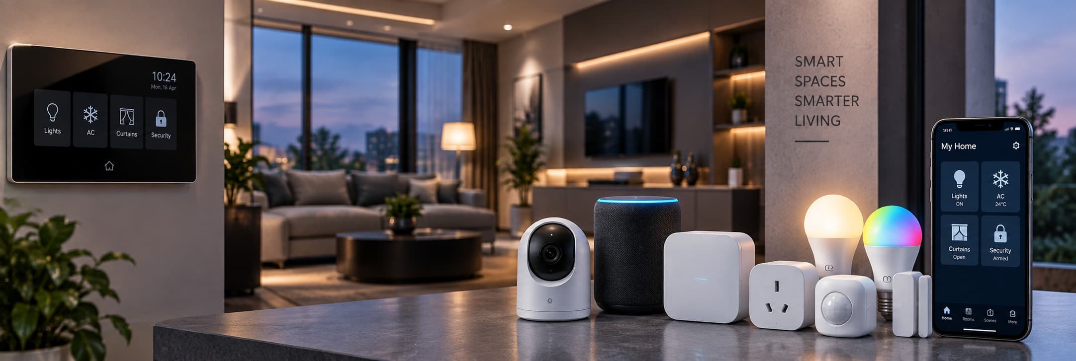 Smart home automation devices and a control panel in a living room
