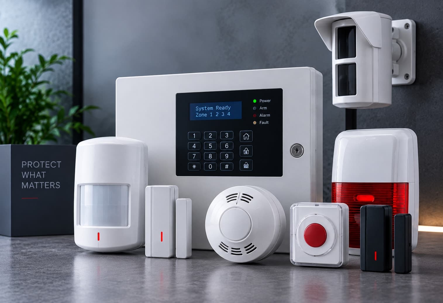 Intrusion alarm control panel with motion, door, and siren detectors