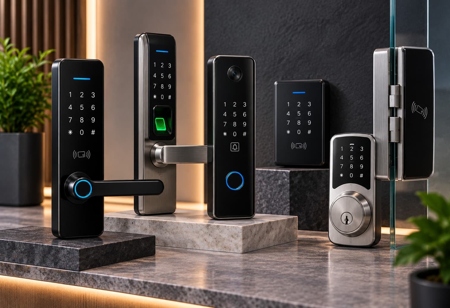 A row of smart door locks with keypad, fingerprint, and card access