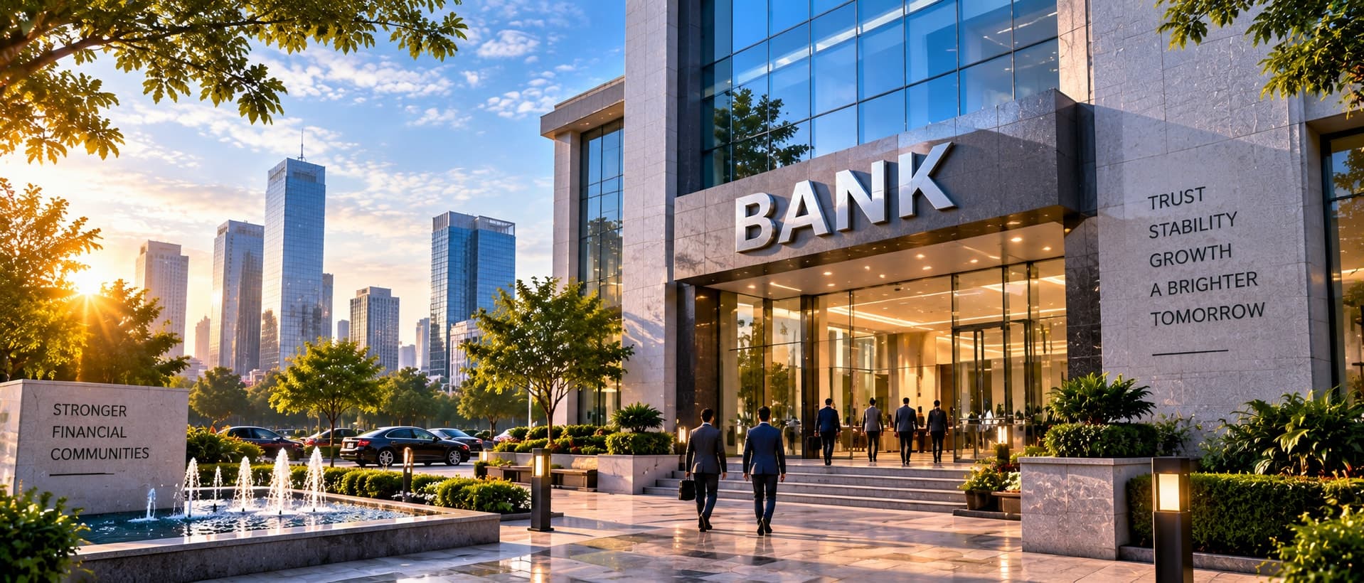 Modern bank headquarters entrance with staff walking in, city skyline in the background