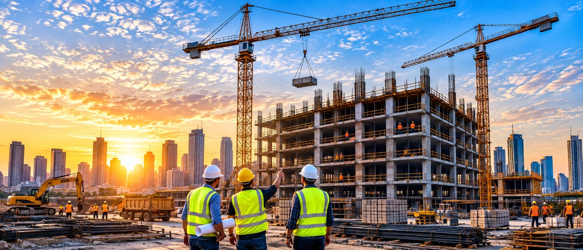 Construction site with cranes and workers overlooking a building under construction