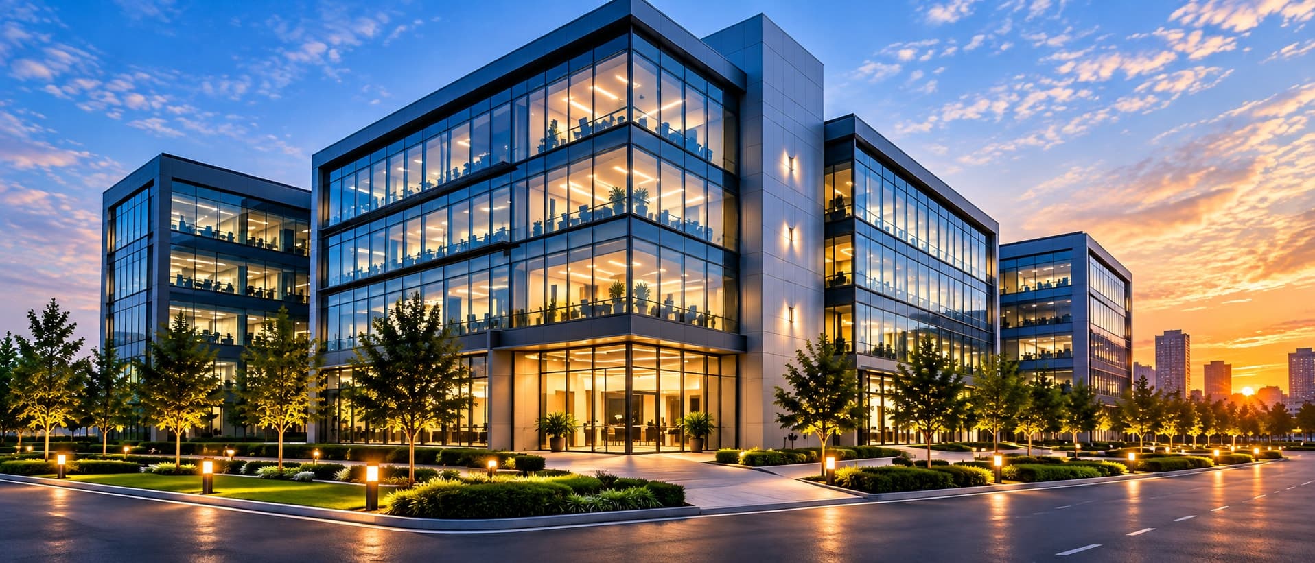 Modern glass office building exterior lit up at dusk