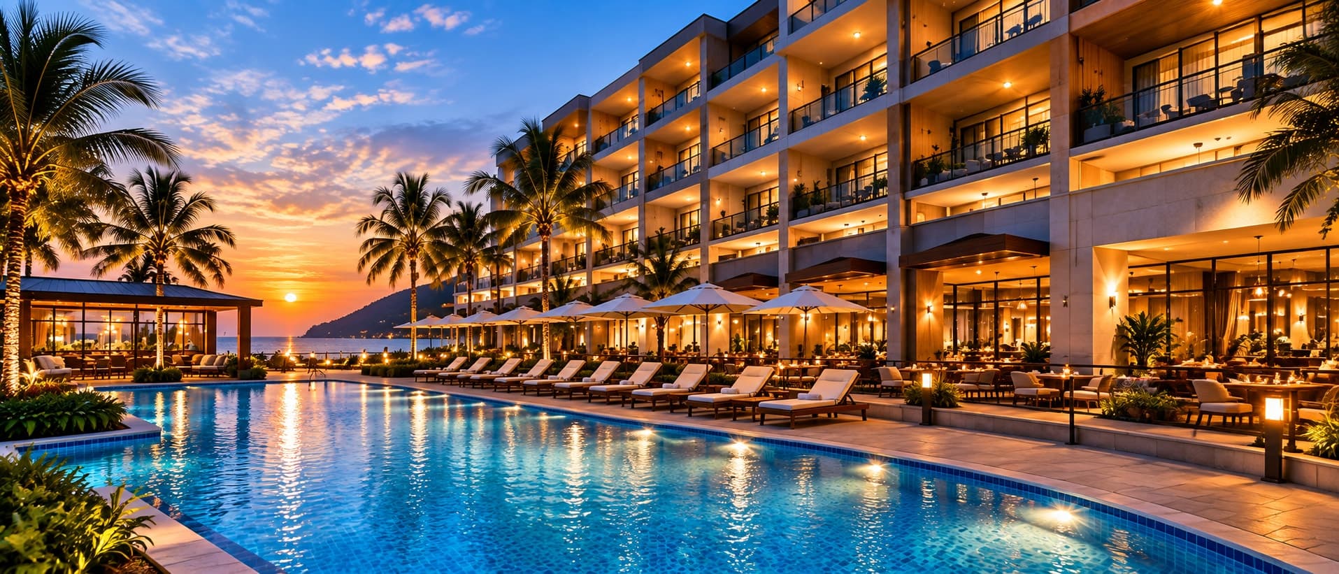 Resort hotel pool and terrace overlooking the ocean at sunset