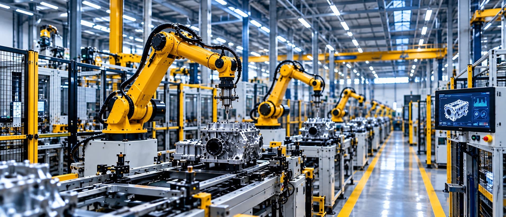 Automated robotic arms on a factory assembly line