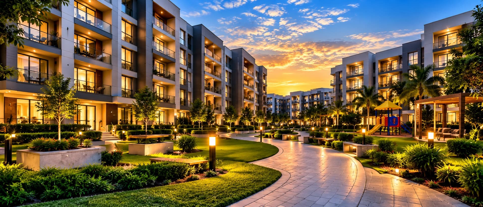 Modern apartment complex courtyard lit up at dusk