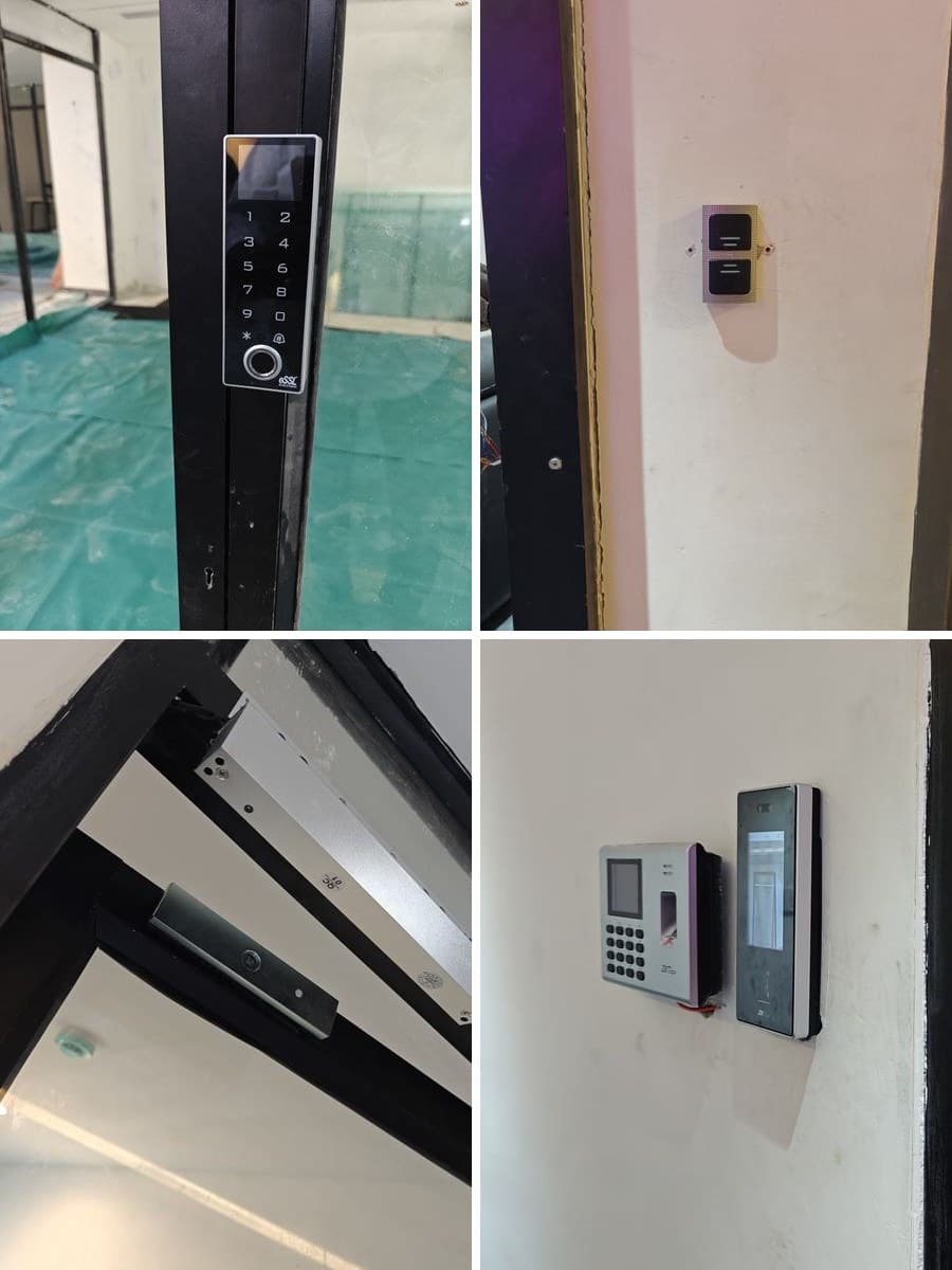 Face recognition and access control installation: an eSSL keypad and fingerprint lock on a glass door, a ZKTeco reader, an electromagnetic door lock, and a ZKTeco face recognition panel.